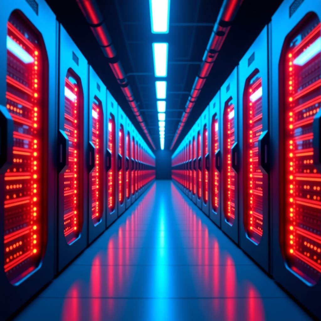 High-tech data center with servers, illuminated by neon lights, representing India's growing AI infrastructure, 4:3