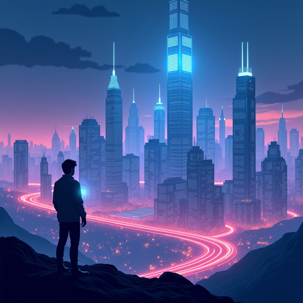 A futuristic city skyline at night with digital data streams flowing between buildings. A person in the foreground looking at a holographic interface. Vibrant neon accents. 4:3