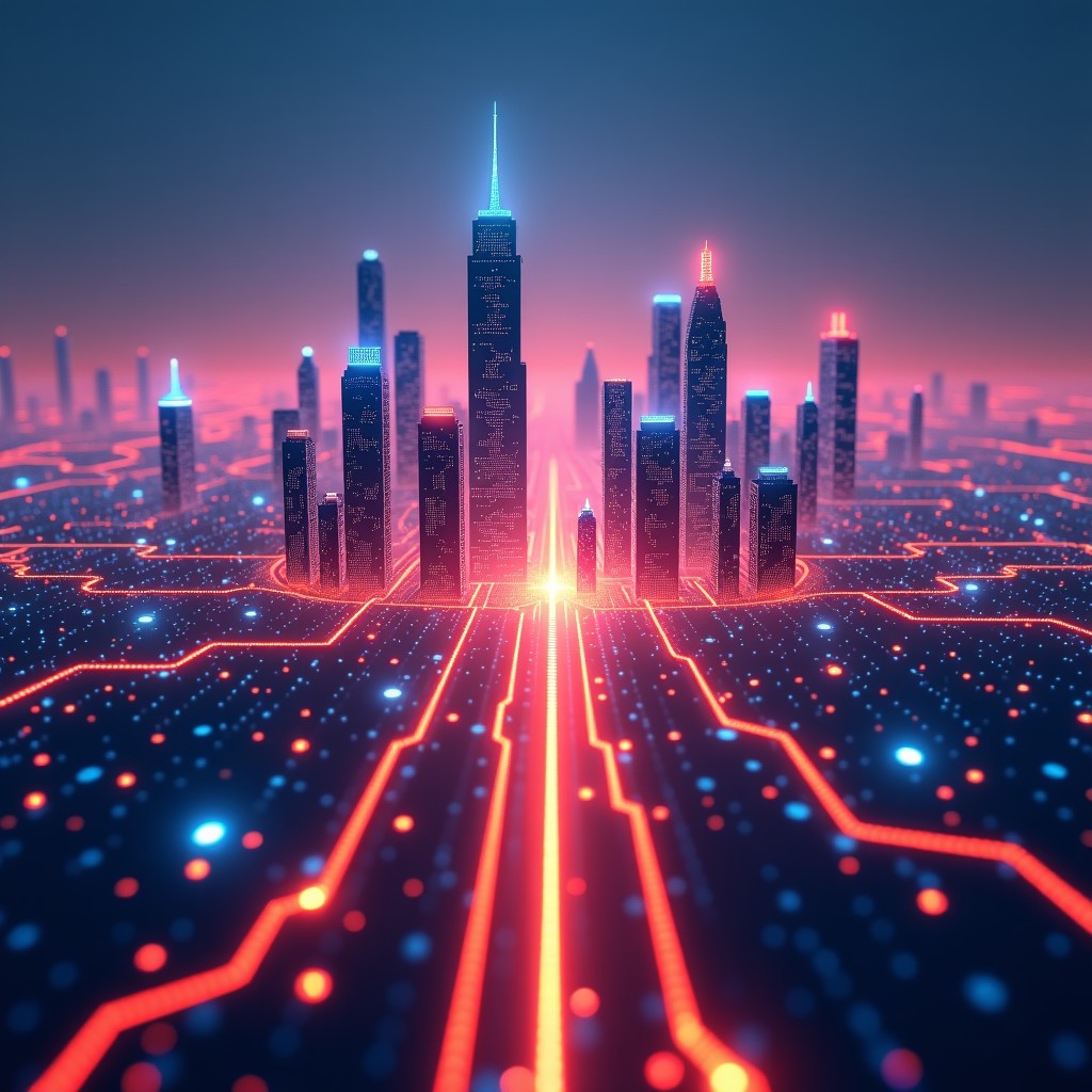 An artistic rendering of a futuristic city connected by digital light paths. A glowing semiconductor pattern is integrated into the cityscape. Vibrant colors, textured background, 1:1