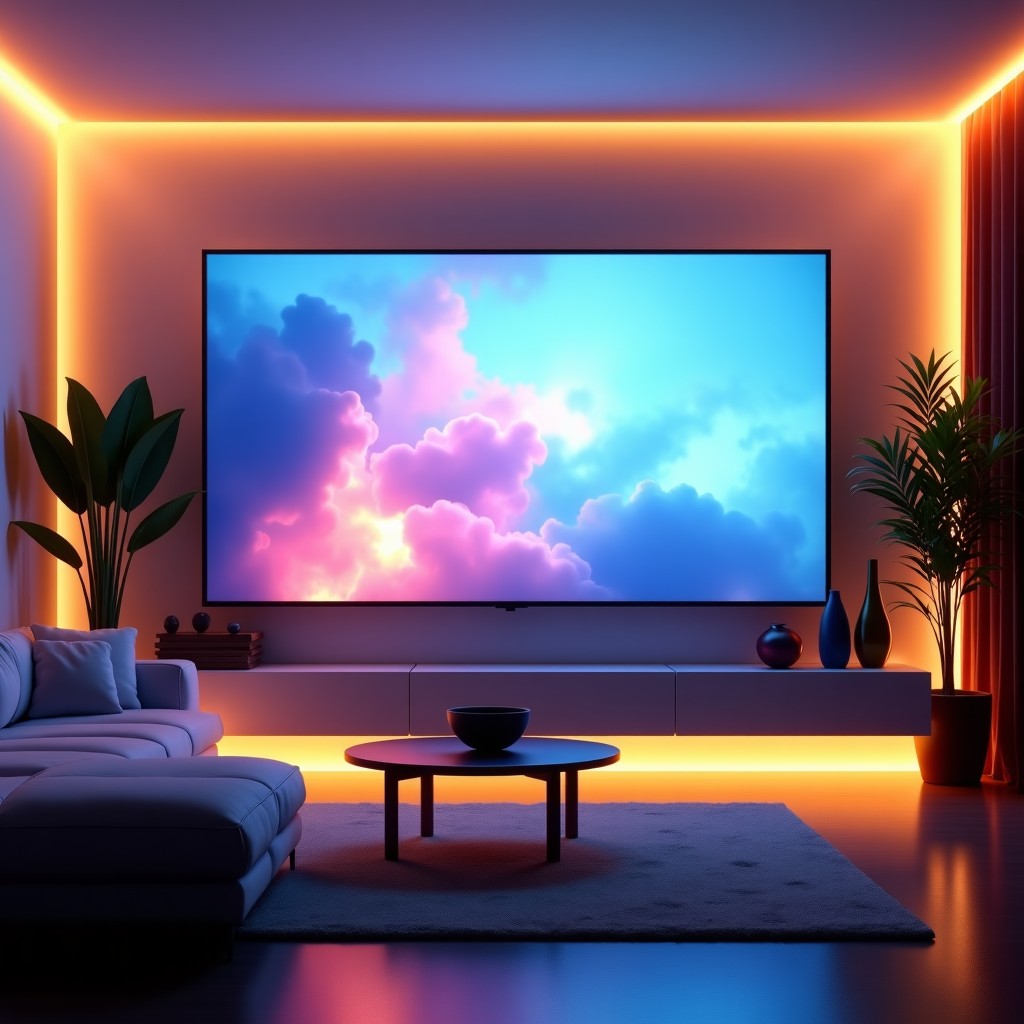 A futuristic living room setting with a large high-definition transparent screen displaying abstract cinematic art, warm lighting, cozy atmosphere, high-tech home entertainment concept, 4:3