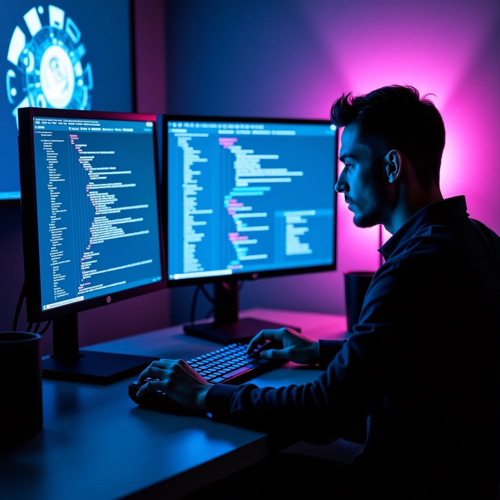 A modern high-tech digital workstation with multiple monitors displaying complex node-based software interfaces and glowing creative AI generated artworks. A professional designer is working in a dim room with ambient blue and purple lighting. The atmosphere is focused and innovative. 4:3