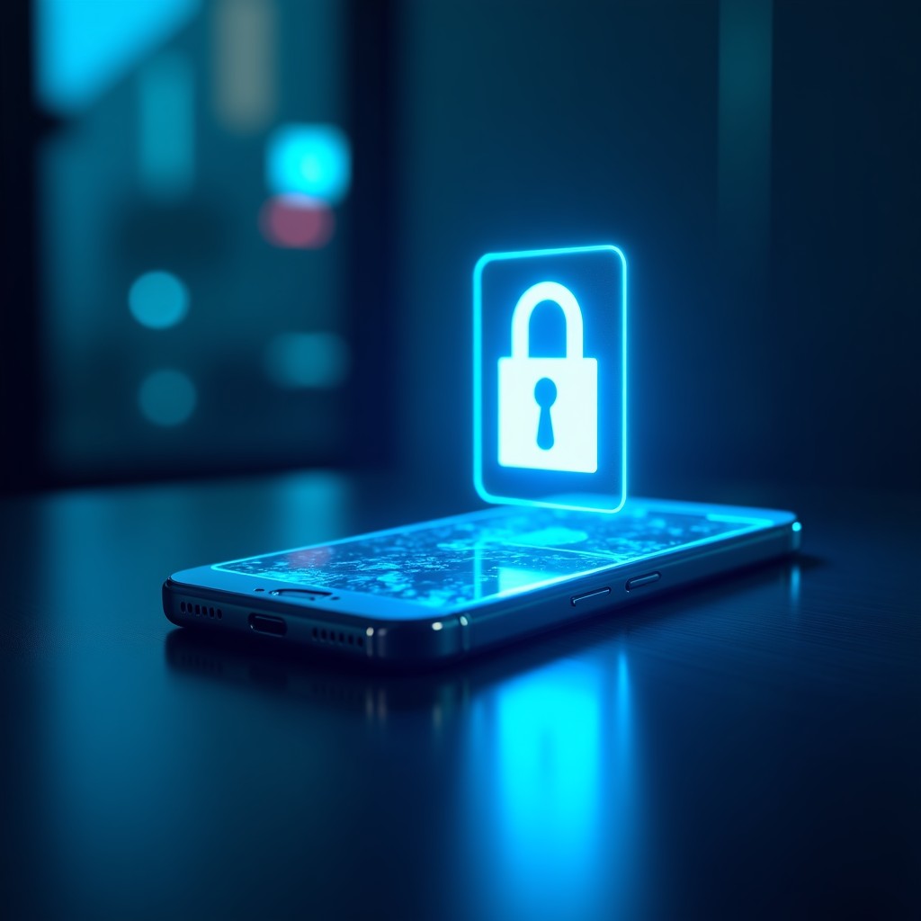 A futuristic high-tech security background with a glowing smartphone displaying a privacy lock icon, representing advanced mobile security, cinematic blue tones, 4:3