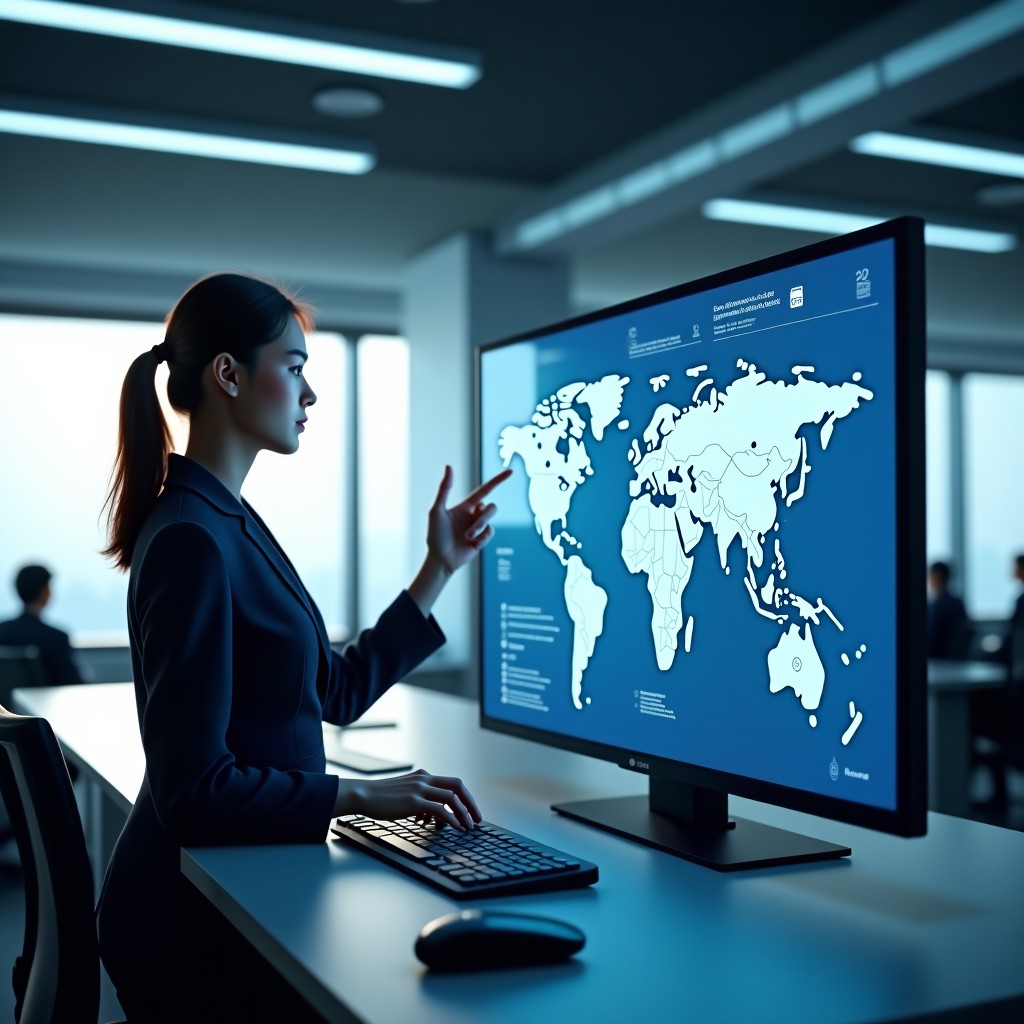 A professional office environment in 2026, a South Korean office worker using a sophisticated AI interface on a large transparent monitor, soft cinematic lighting, high-tech atmosphere, modern interior design, 4:3