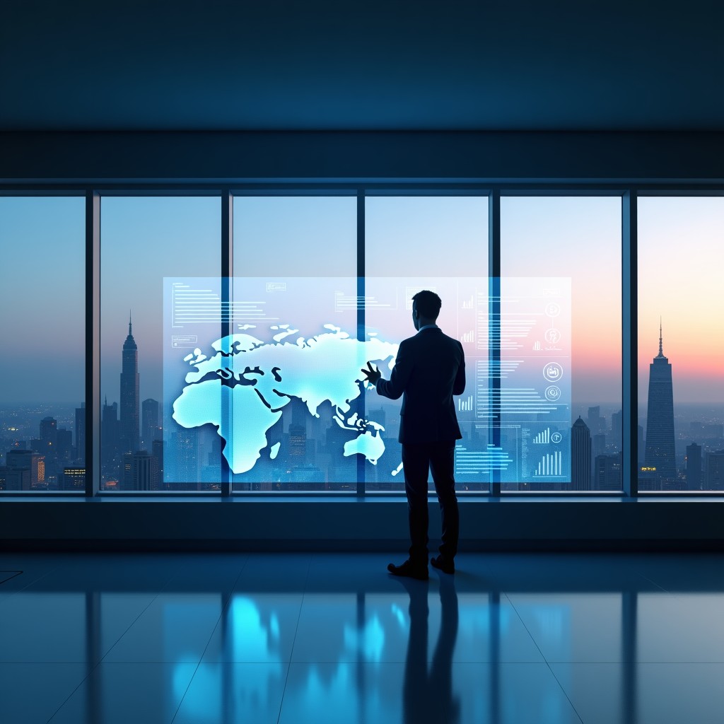 A wide shot of a modern minimalist research office with a large panoramic window showing a city skyline at dusk. A professional person is looking at a transparent digital display where AI-driven research data is being organized beautifully. Sophisticated and calm lighting. 4:3