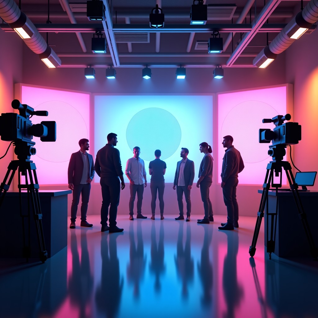 A futuristic film set with high-tech cameras and holographic displays, a diverse crew working together in a professional studio, cinematic lighting, vibrant colors, 4:3