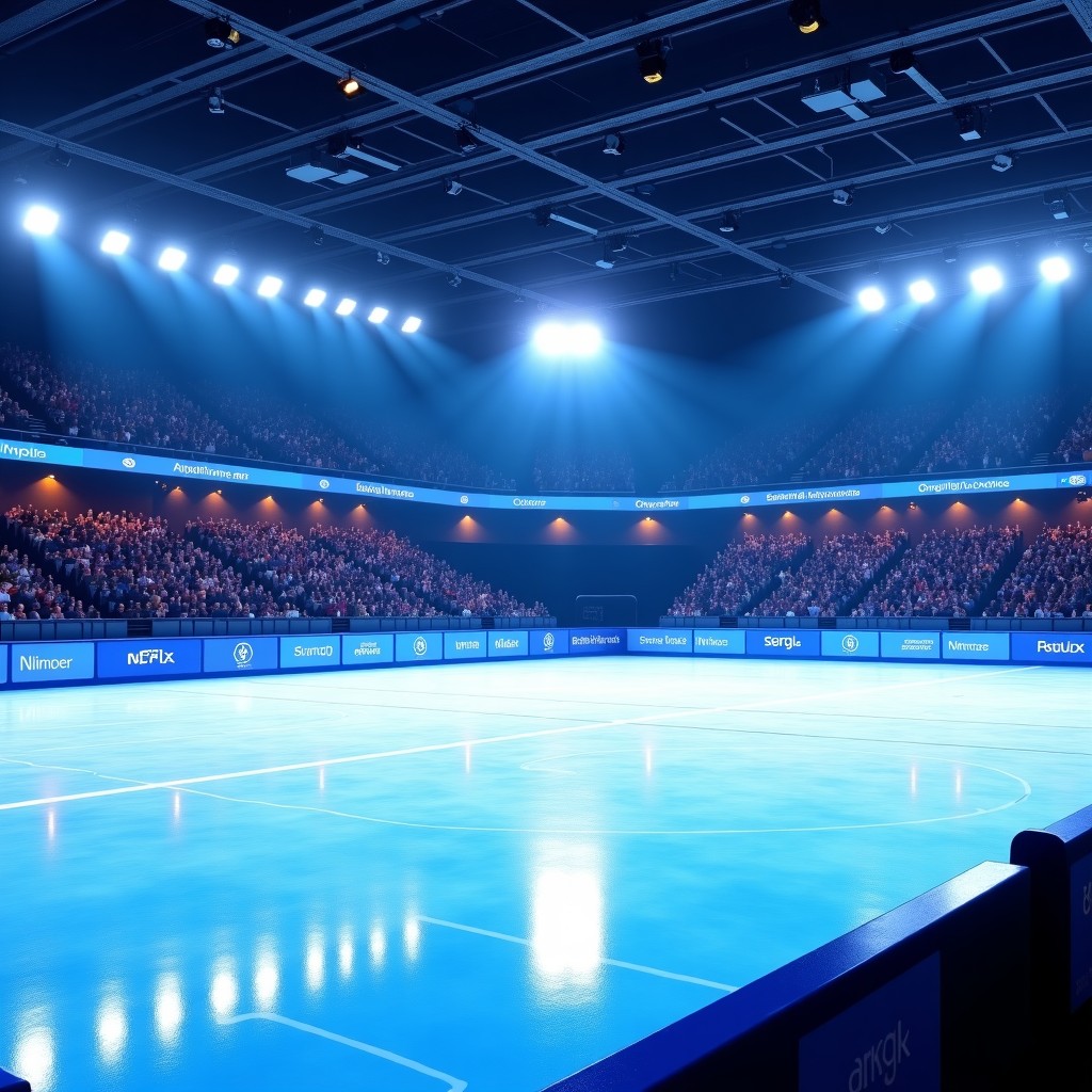 A wide shot of a futuristic Olympic ice skating arena with glowing neon accents, audience in the background, high-tech broadcasting equipment, professional atmosphere, 4:3