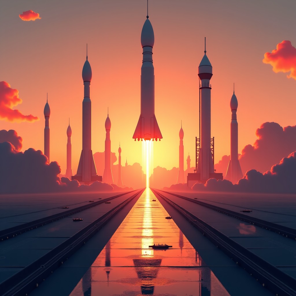 A sprawling futuristic spaceport at sunset, several rockets positioned for launch, robotic maintenance vehicles moving around, cinematic wide shot, 1:1
