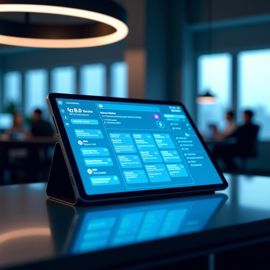 A futuristic digital personal assistant interface glowing with soft blue light, showing a synchronized calendar and flight booking details on a sleek glass tablet, modern office background, cinematic lighting, 4:3