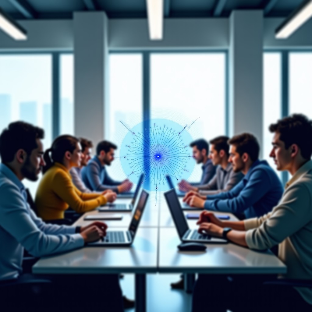 A diverse group of young professionals in a bright, modern office using various digital devices. In the center, a subtle translucent 3D neural network visualization represents AI assistance. 4:3
