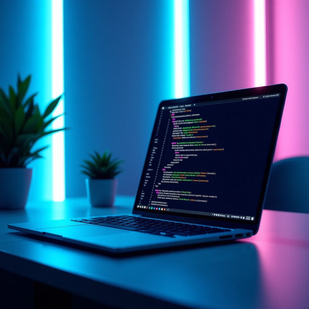A futuristic and clean coding workspace with a high-end laptop showing code on screen, soft blue and purple ambient lighting, high contrast, modern office layout, professional atmosphere. 4:3