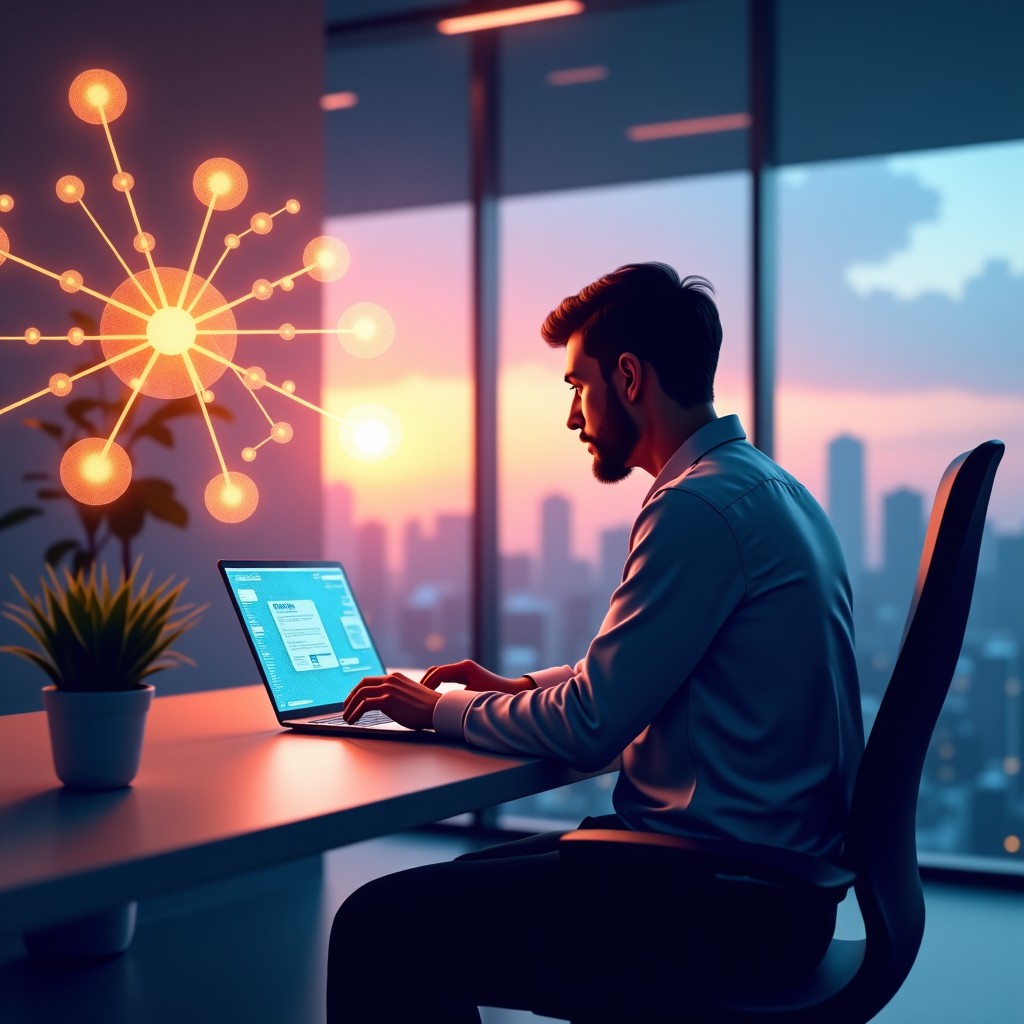 A futuristic tech office with a person working on a transparent laptop, glowing neural network symbols in the air, sunset lighting, realistic photography style. 4:3