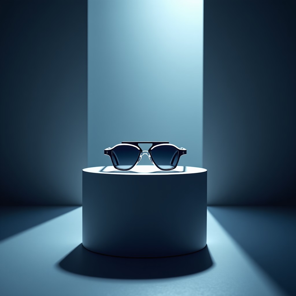 A high-end luxury fashion show environment in Milan with a focus on futuristic smart eyewear displayed on a pedestal, elegant lighting, cinematic atmosphere, 4:3