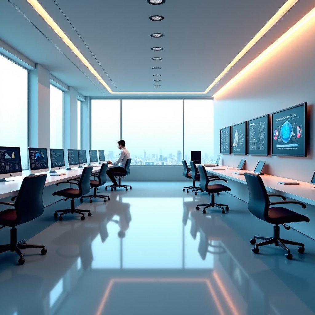 A clean and minimalist workspace featuring futuristic technology interfaces, professional aesthetic, soft overhead lighting, detailed composition, 1:1