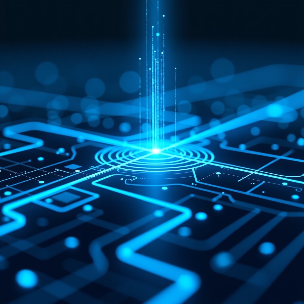 Conceptual visualization of a digital safety framework for artificial intelligence, glowing blue lines, technological aesthetic, 4:3