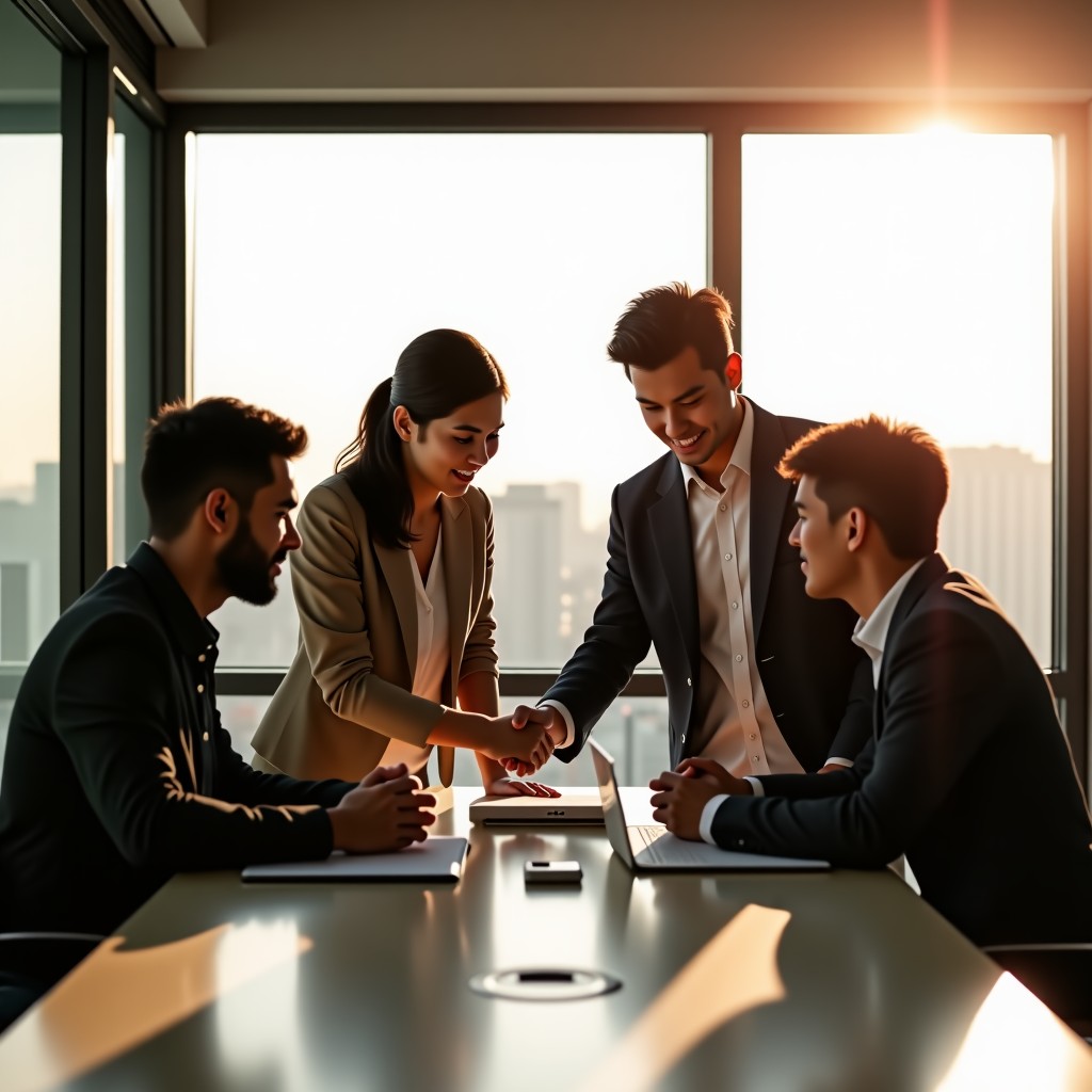 A diverse group of Asian professionals collaborating in a bright modern co-working space, discussing strategy, natural sunlight, lifestyle photography, 4:3