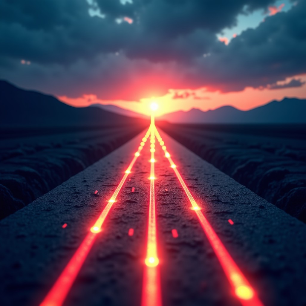 A long pathway constructed from glowing digital lines leading towards a bright horizon, representing business growth and future vision, textured abstract background, 1:1