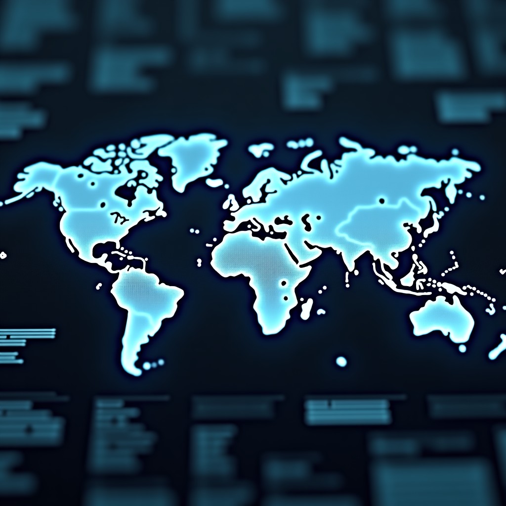 A futuristic digital map showing global connections and AI nodes in a dark tactical operations center. 4:3