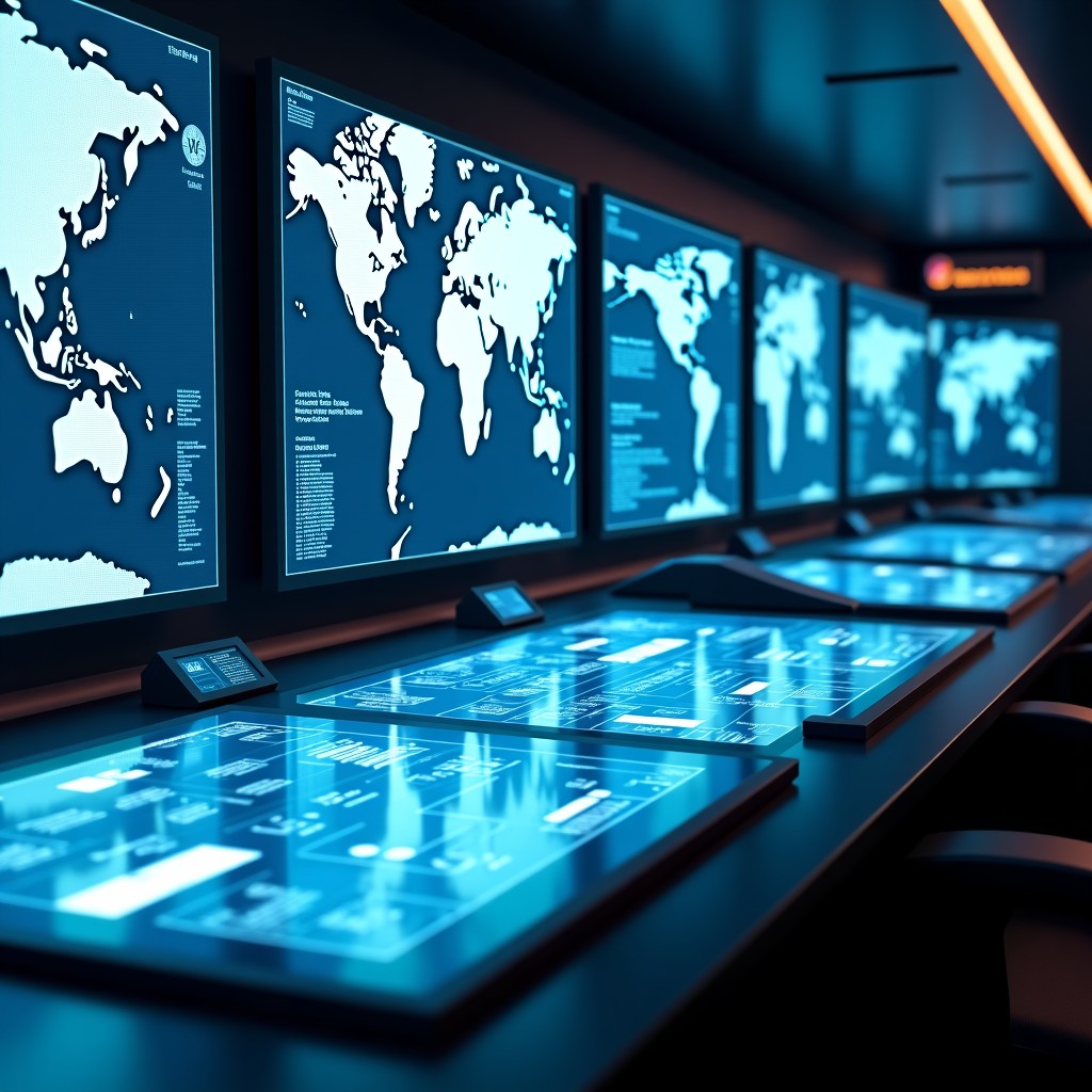 A futuristic command center with multiple holographic screens displaying 3D maps and data streams. A sense of advanced technology being integrated into strategic operations. Clean, modern, high-tech aesthetic. 4:3