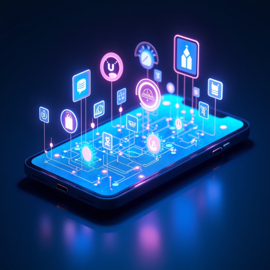A futuristic representation of a smartphone connected to a vast network of diverse app ecosystems. Detailed composition with blue and purple lighting. 4:3