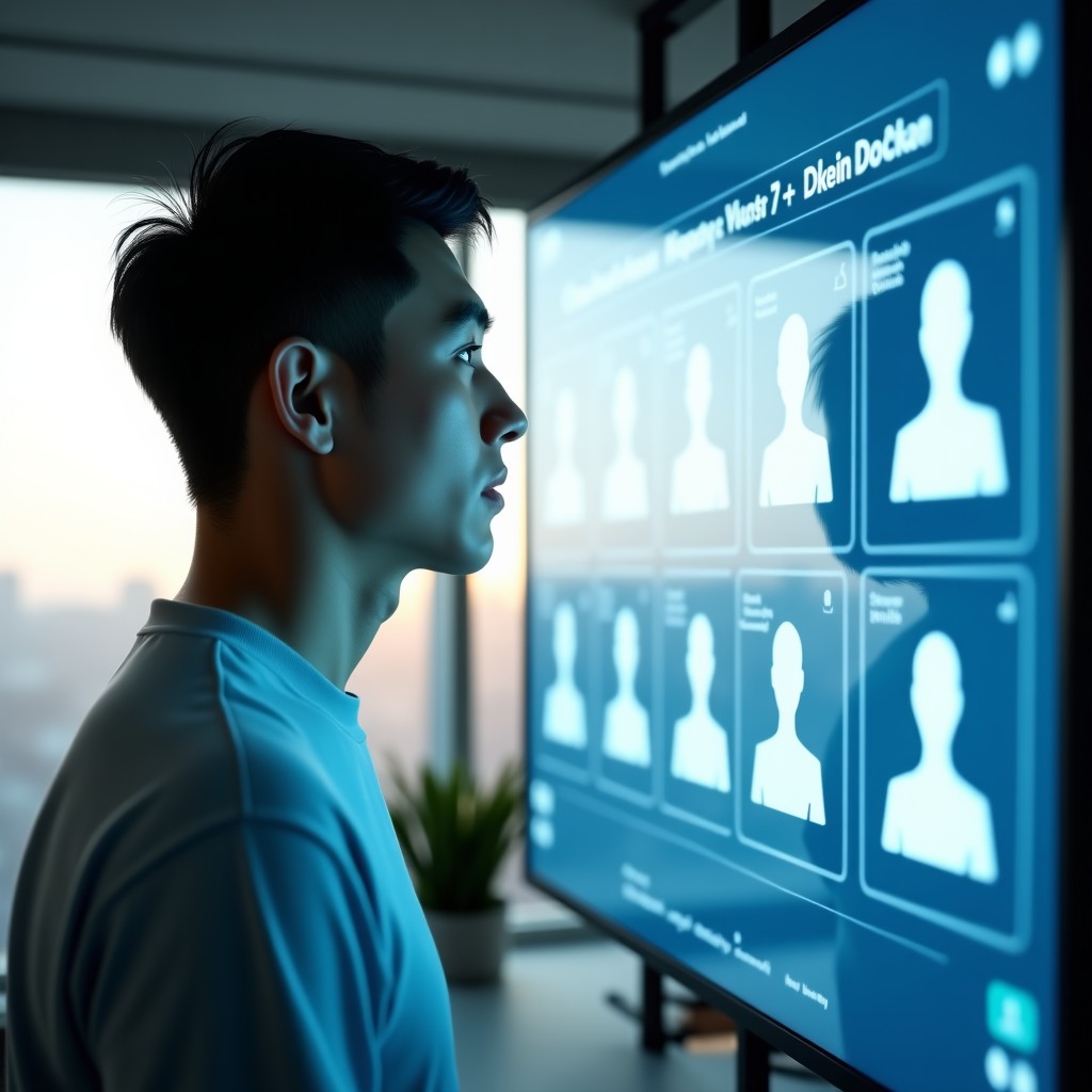 A Korean male software engineer looking at a transparent screen showing multiple AI agent activities, futuristic office, natural sunlight, professional and focused expression, 4:3