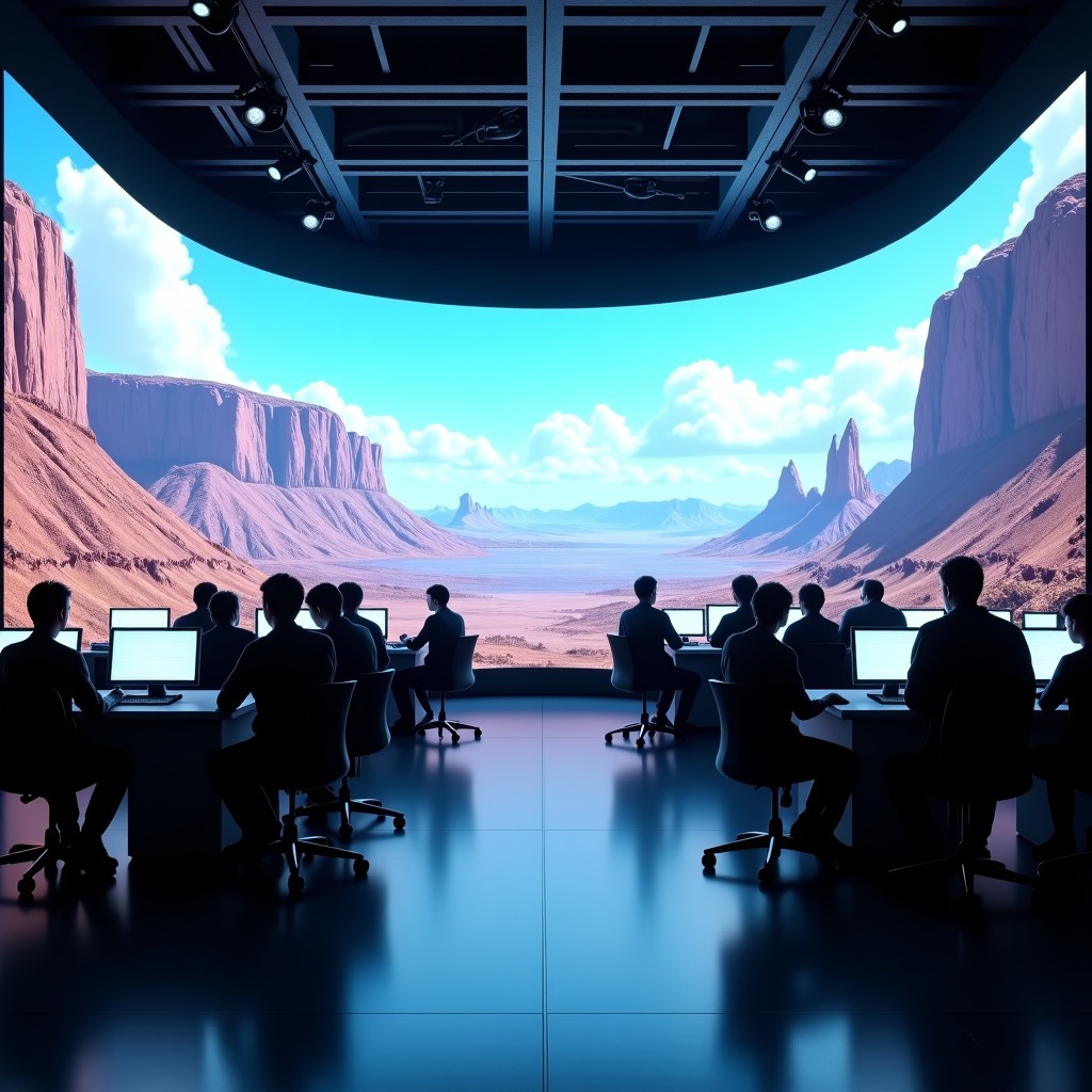 A modern film studio with large LED screens showing complex AI-generated environments, filmmakers working with digital tools, 4:3