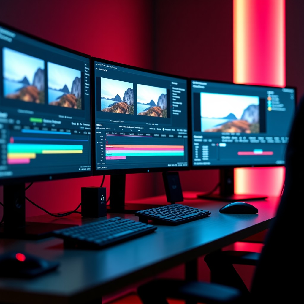 A sleek high-resolution digital film editing interface, colorful video timelines on multiple monitors, professional lighting, cinematic atmosphere, no text on screen, focus on the creative technology. 4:3
