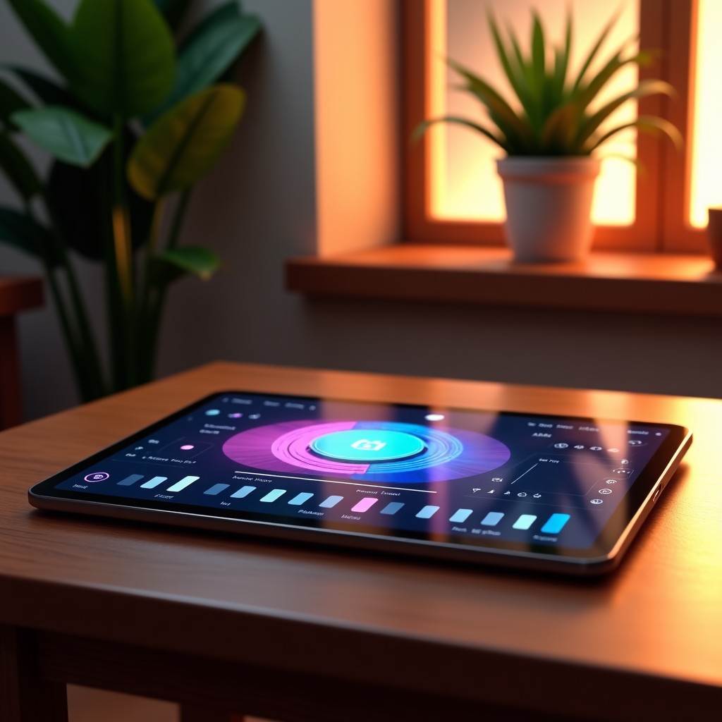A futuristic digital tablet lying on a wooden table. The tablet displays a complex music arrangement interface with vibrant colors. In the background, a cozy living room with plants and warm lighting is visible. Detailed composition, hyper-realistic, 4:3.