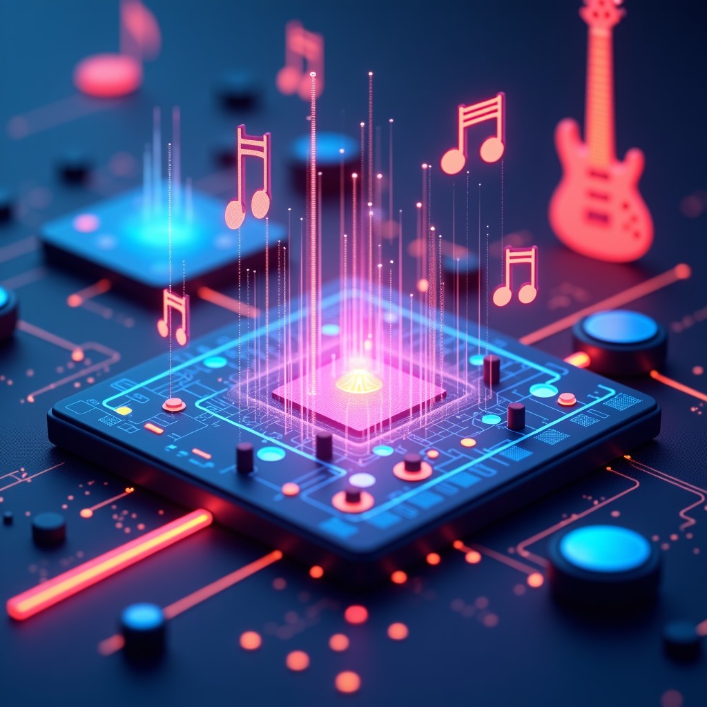 A detailed composition image showing a futuristic music creation environment. Holographic interfaces with sound waves and musical instruments floating in the air. Vibrant colors and rich visual elements. 4:3