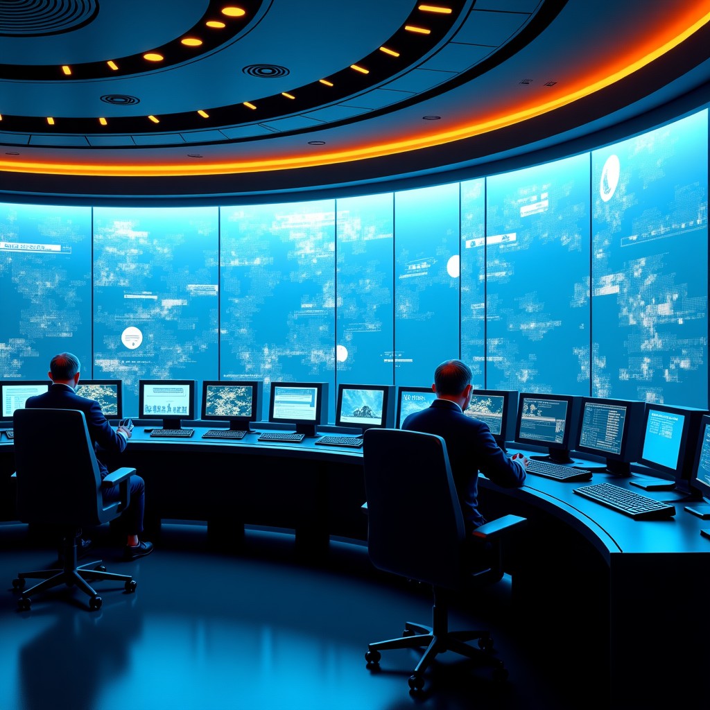 A futuristic military command center where AI models are providing real-time data to commanders. Holographic displays show 3D battlefields. The lighting is cool blue and amber. Detailed composition, high contrast, 4:3.