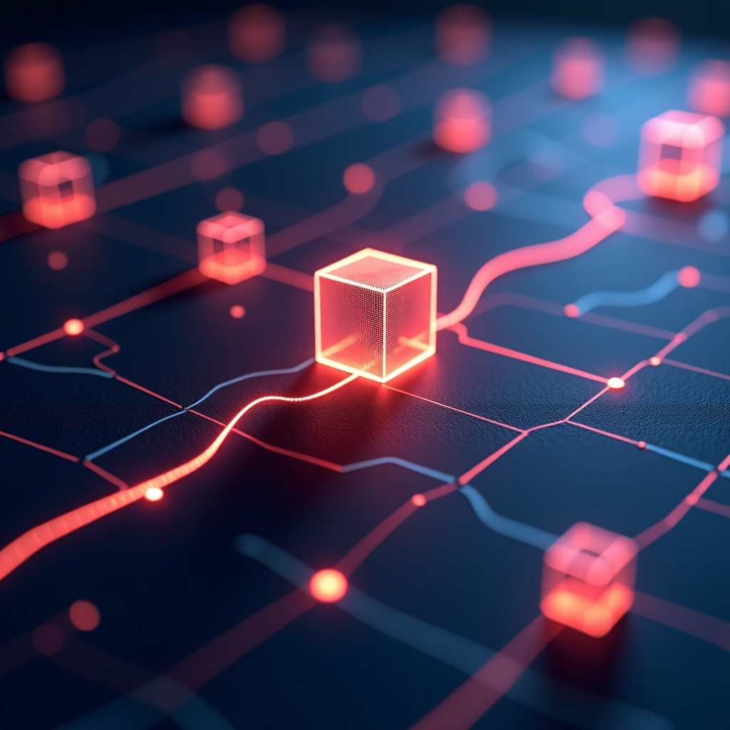 An abstract 3D composition of glowing cubes and connecting lines in a vast digital space, detailed textures, high contrast, professional photography style, 4:3