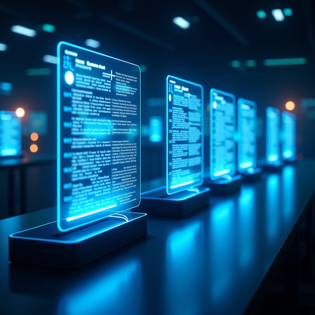 Futuristic digital workspace with transparent holographic code windows and rapid data transfer light effects, sleek and modern design, 4:3