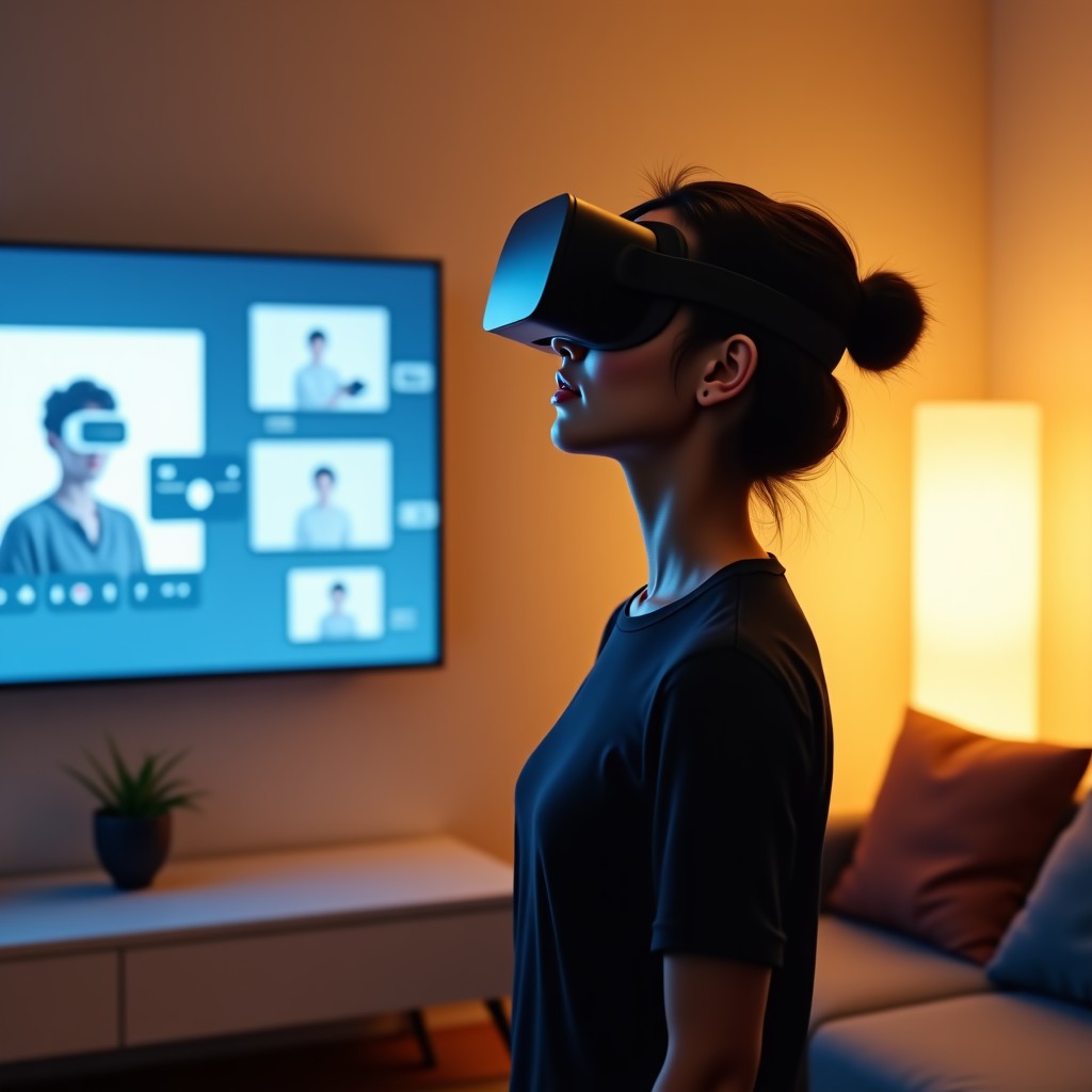 A person wearing a sleek Apple Vision Pro headset in a minimalist high-tech living room with floating digital holographic screens showing a video interface. Warm cinematic lighting, natural Korean appearance, futuristic atmosphere. 1:1