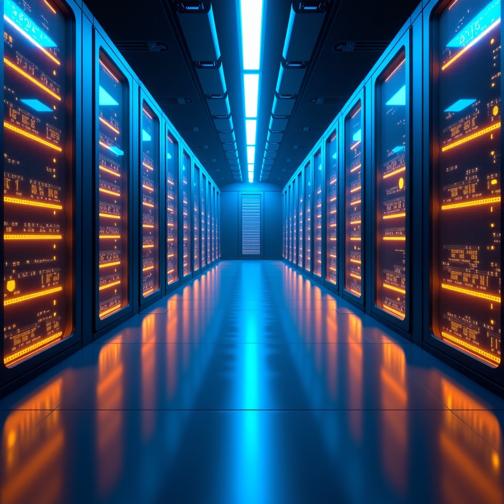 A futuristic and high-tech AI data center with glowing blue and gold lights symbolizing massive financial investment. The atmosphere is professional and sophisticated with a sense of global scale. No text. 4:3