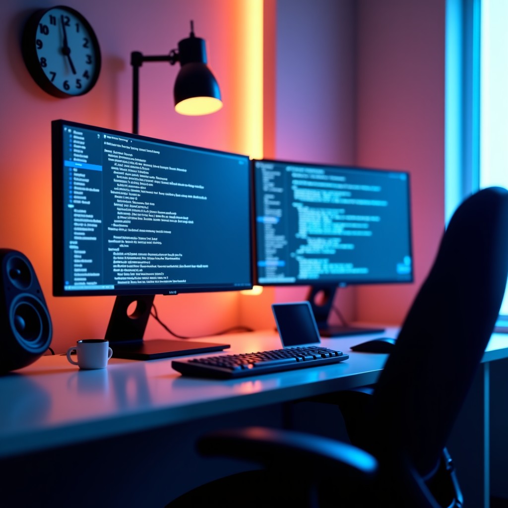 A modern high tech office environment with soft ambient lighting focusing on a sleek workstation with multiple monitors showing code and music wave patterns. No text. 4:3