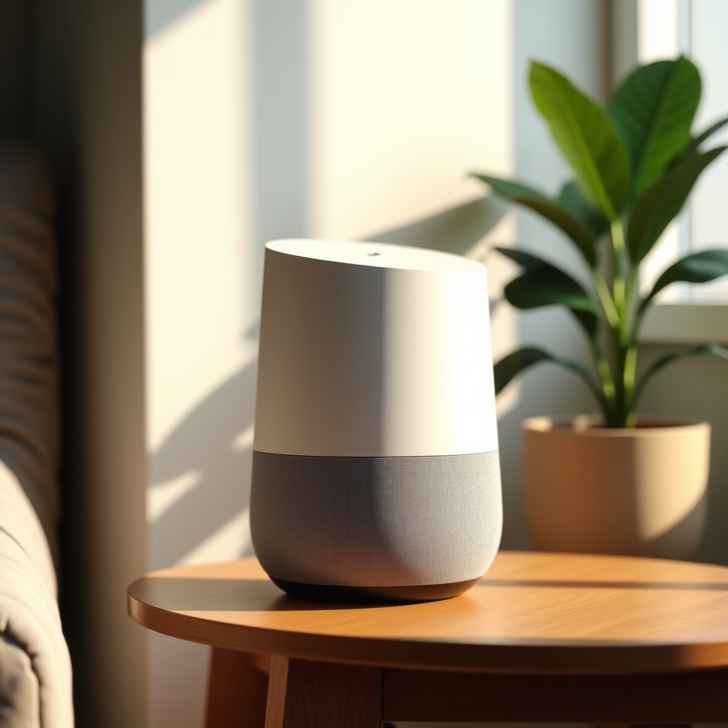 A minimalist and sleek smart speaker with a subtle camera lens integrated into its body, sitting on a modern wooden side table in a bright living room, soft morning sunlight, high-end product photography, cinematic lighting, 4:3