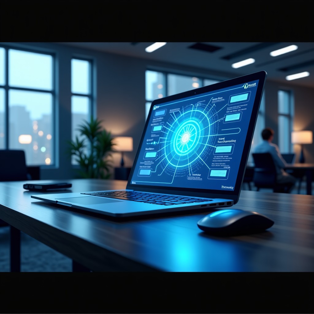 A high-tech digital workspace with a glowing holographic artificial intelligence interface showing data connections and neural networks, professional atmosphere, cinematic lighting, 4:3