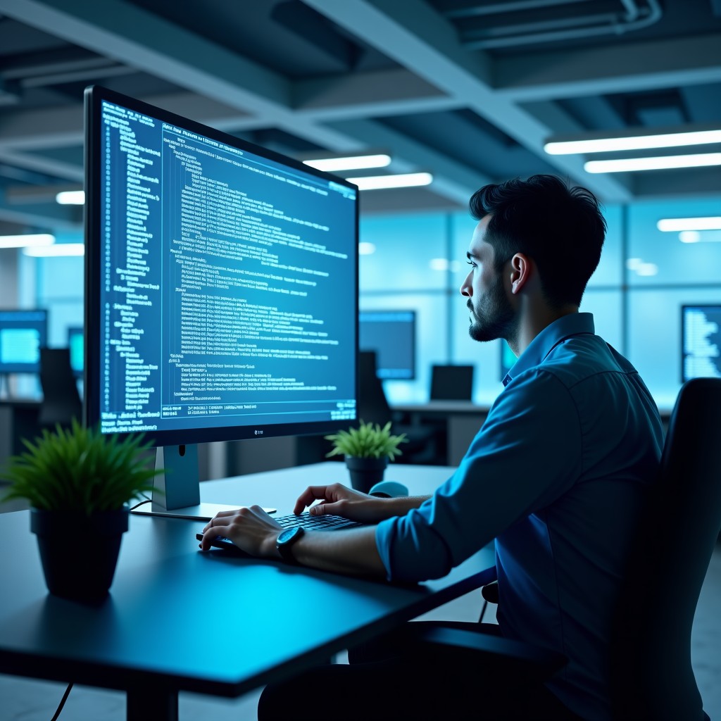 A futuristic and clean office environment where a professional software developer is working with a holographic interface showing complex code structures. The atmosphere is high-tech and sophisticated, reflecting the cutting-edge nature of GPT-5.3 Codex. High quality, realistic lighting, 1:1