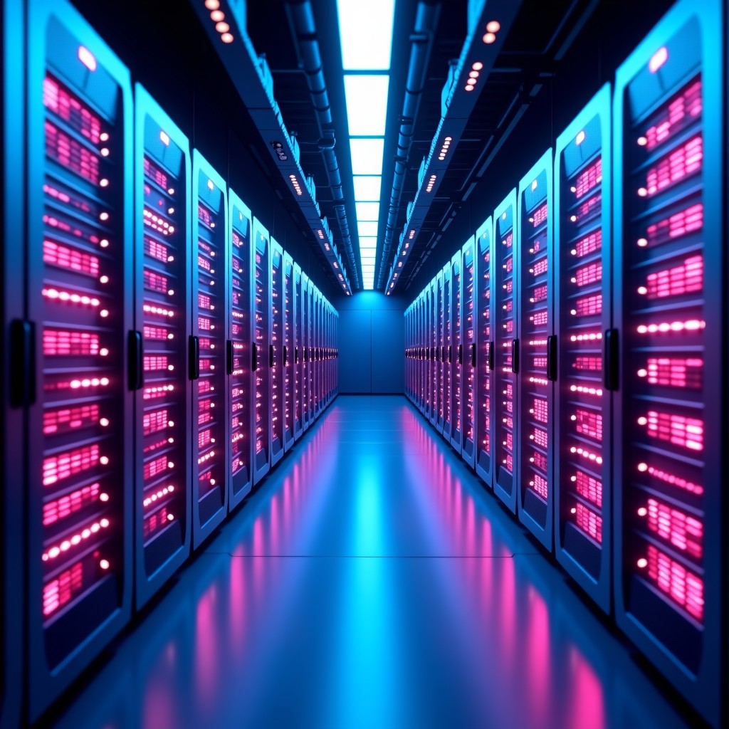 A high-tech modern data center with glowing blue and purple server racks, futuristic digital networking lines connecting servers, cinematic lighting, 4:3