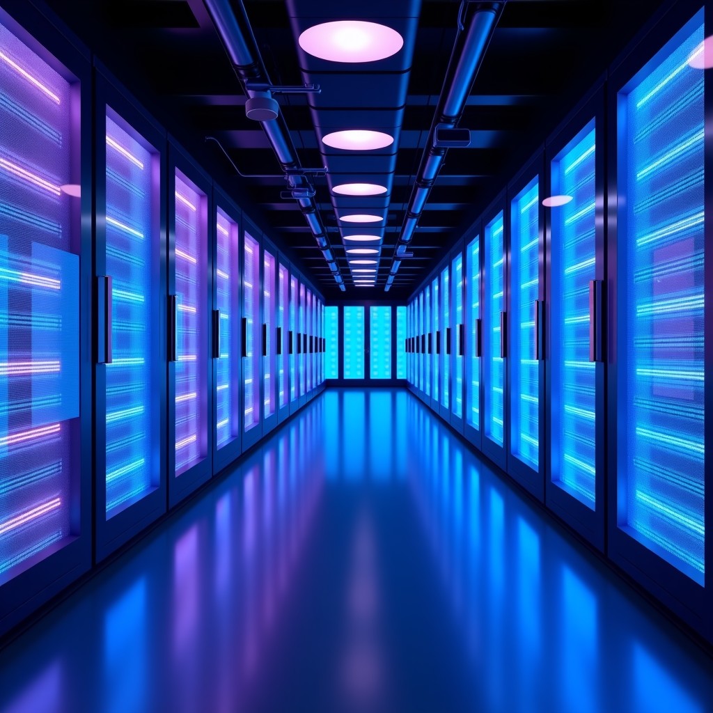 A futuristic high-tech data center with glowing blue and purple server racks representing high-speed AI computing and cloud infrastructure. 4:3