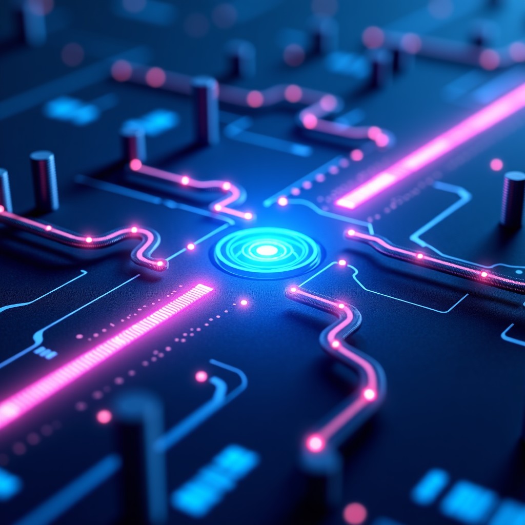 A high-tech digital landscape showing three distinct glowing paths merging into a central core, representing intelligence, speed, and cost-efficiency in artificial intelligence development, modern blue and purple color palette, cinematic lighting, 4:3