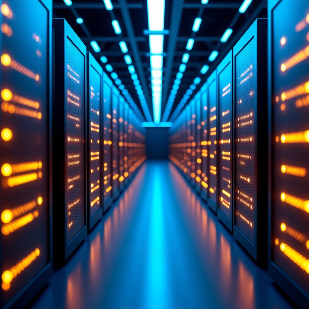 A futuristic high-tech AI data center with glowing blue and gold fiber optic cables connecting server racks. Modern digital architecture showing layers of infrastructure. Professional and clean infographic style. 4:3