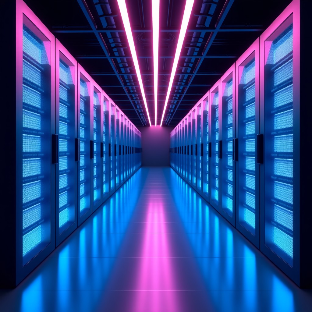 A futuristic and clean data center with glowing blue and purple server racks, representing modern AI inference infrastructure and cloud computing, high contrast, cinematic lighting, wide angle, 4:3