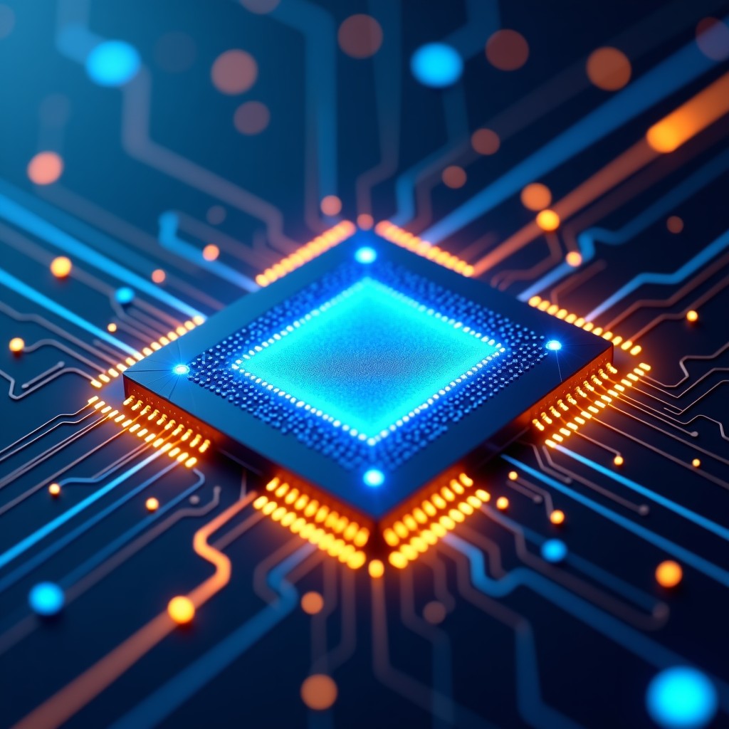 A futuristic and high-tech visualization of an AI chip being designed by glowing neural networks. The scene shows complex silicon wafer patterns with blue and gold light trails representing data flow and automated optimization. The atmosphere is professional and innovative. 4:3