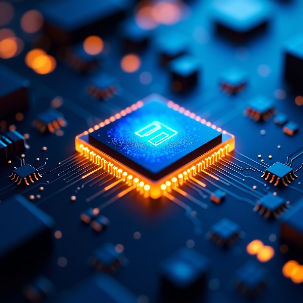 A futuristic high-tech AI semiconductor chip glowing with blue and gold light on a dark circuit board background, macro photography, high detail, cinematic lighting, 4:3