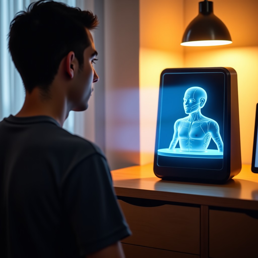 A person talking to a smart home AI device that projects a 3D hologram of a game character, warm home interior, natural lifestyle lighting, 4:3