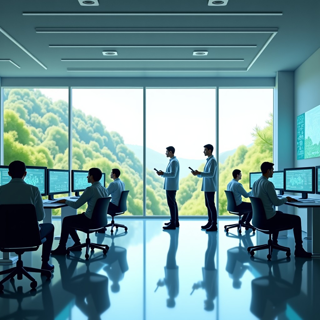 A futuristic and minimalist AI research laboratory with young researchers working on advanced technology. The atmosphere is bright and creative with holographic neural network visualizations floating in the air. Modern sleek furniture and large windows showing a green landscape outside. High quality photography style 4:3