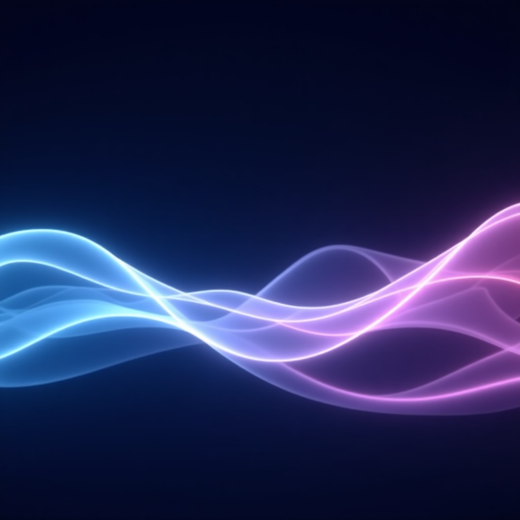 A sleek and modern visualization of futuristic voice AI waves glowing with blue and purple light on a dark professional background. No text. 4:3