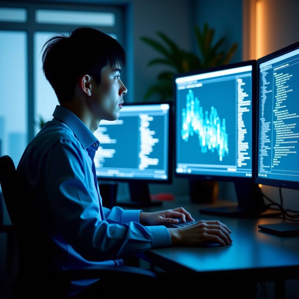 A professional South Korean software engineer working in a high-tech office with multiple monitors displaying complex code and AI neural network visualizations. The lighting is modern and cool-toned. 4:3