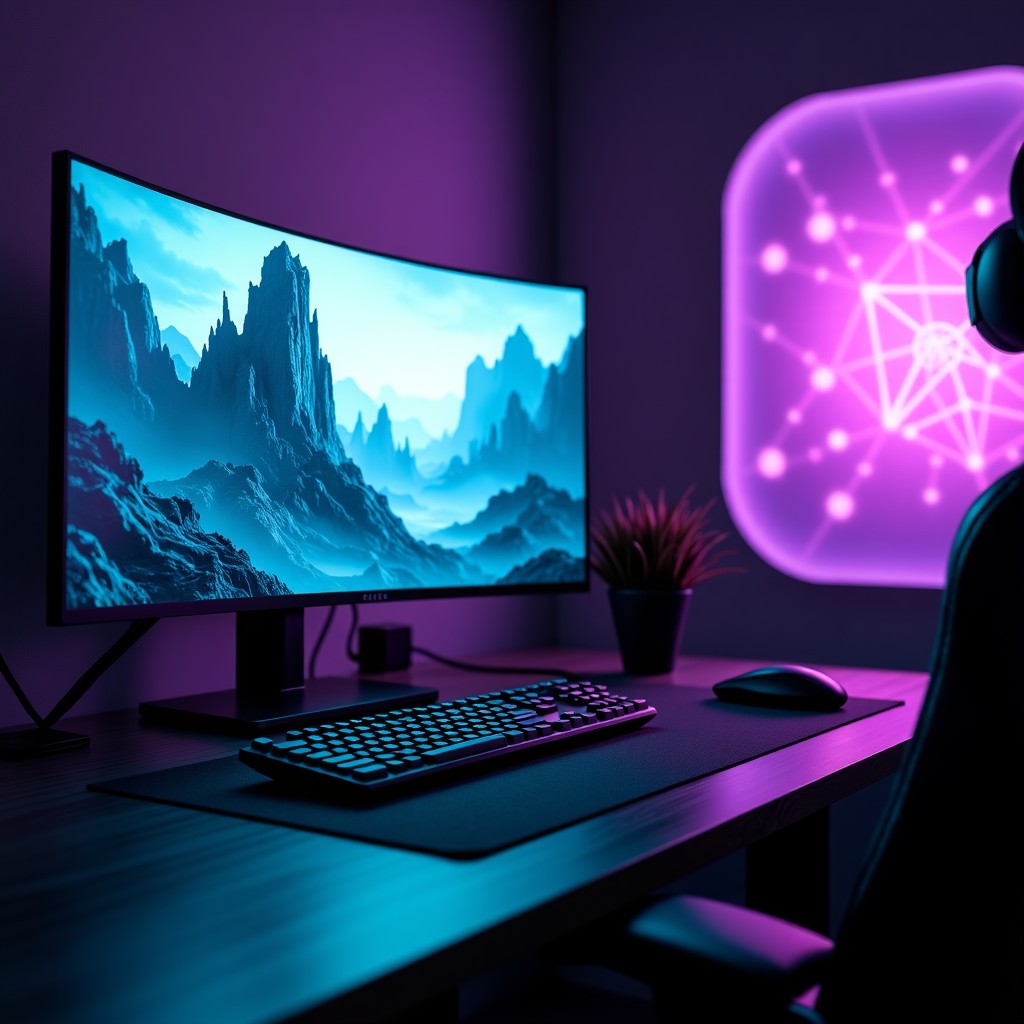 A futuristic gaming setup in a dimly lit room with purple and teal neon accents. A sleek transparent monitor shows a complex fantasy world with high detail. In the background a soft glowing neural network pattern is visible on the wall. 4:3