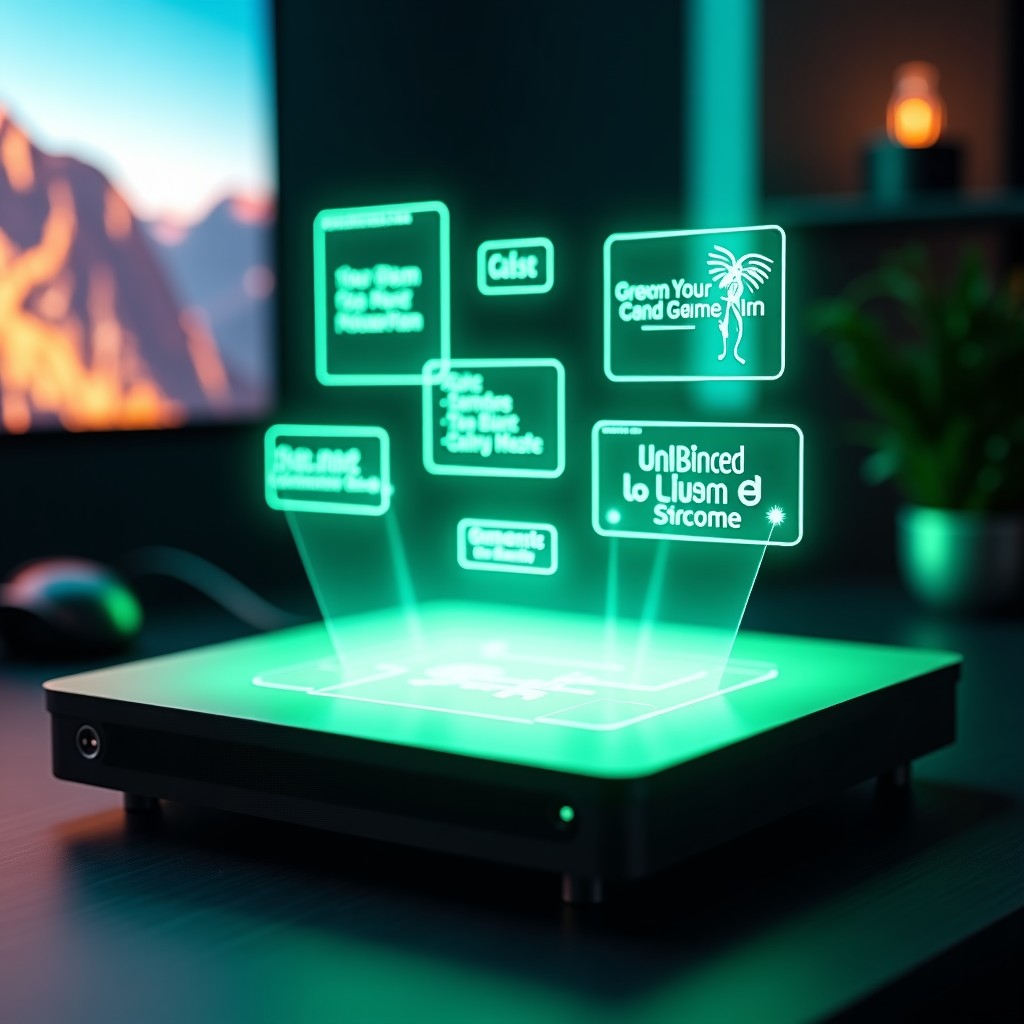 A futuristic gaming setup with a sleek console emitting a soft green glow. A translucent holographic UI floats in the air showing various game titles and community features. The lighting is cinematic with deep shadows and vibrant neon accents. 4:3